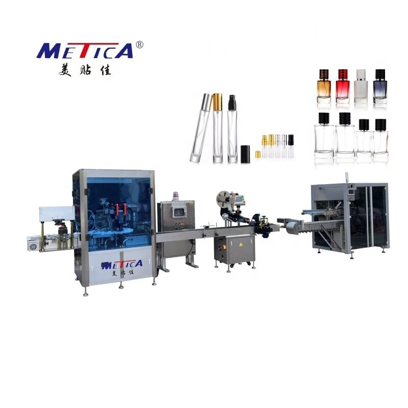 Mức nhập cảnh Tự động Lấp đầy Dầu thiết yếu Crimping Label Boxing Line 1200-1800BPH 2 đầu máy bơm đơn Crimp